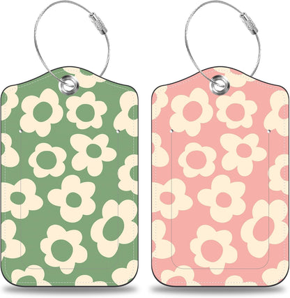Vintage Groovy Flowers Set of 2 Luggage Tags for Suitcases Leather Suitcase Tags Identifiers with Privacy Name Address Label and Stainless Steel Loop for Women Men Travel Luggage Accessories