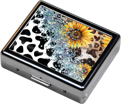 Silver Vintage Pill Box 7 Day Metal Pill Box with Mirror and 8 Compartments Cute Travel Pill Organizer for Purse (Cow Sunflower Leopard)