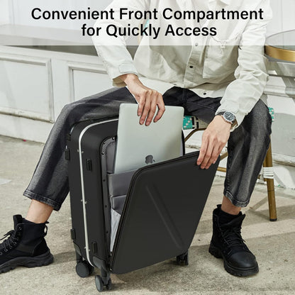 MILADA Wide Handle Luggage with Front Pocket Hardshell Aluminium Check In Suitcase with Wheels Medium 24 Inch Front Opening Checked Luggage with Spinner Wheels TSA Lock Airline Approved Luggage, Black