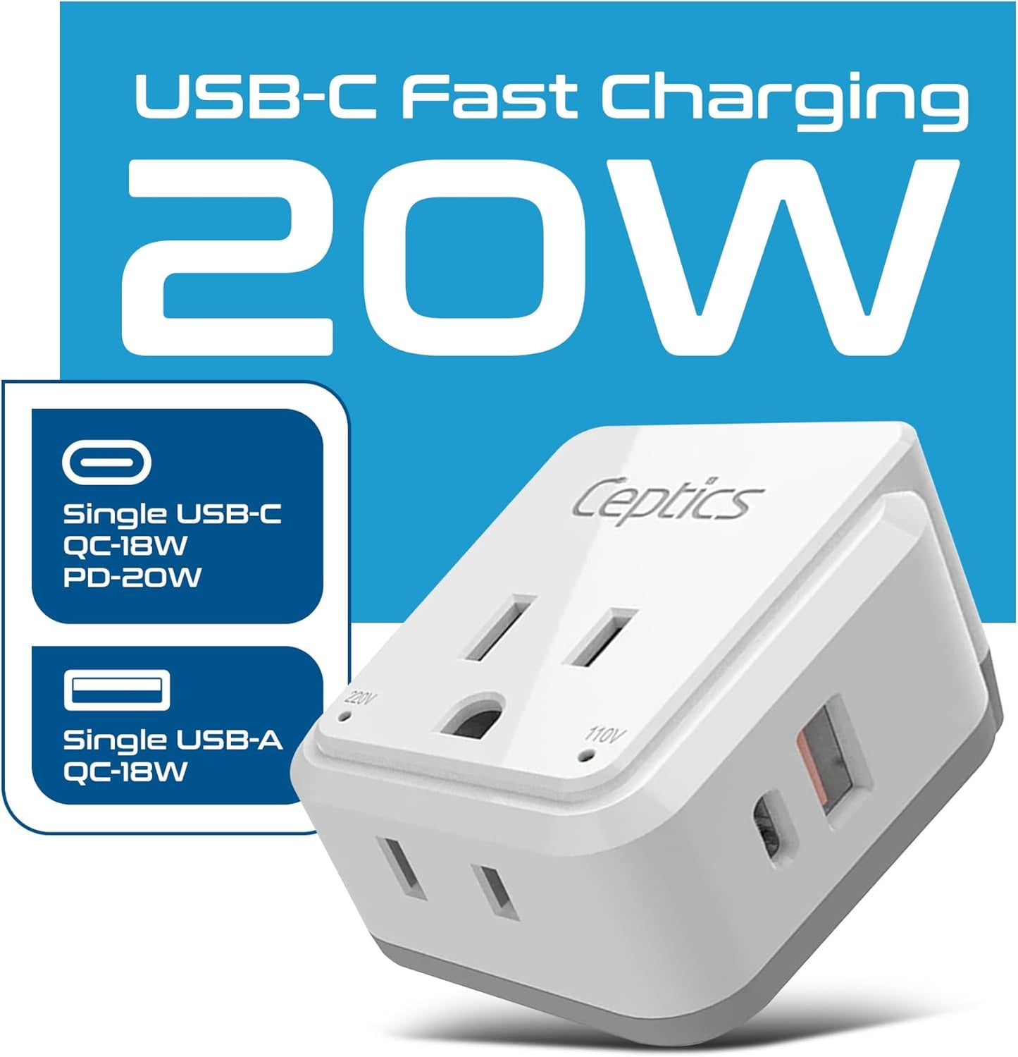 Ceptics Japan, Philippines Power Travel Plug Adapter Set, 20W PD & QC, Safe Dual USB & USB-C 3.1A - 2 USA Socket - Compact - Use in USA, Bahamas, Canada Includes Type A, Type B Swadapt Attachments