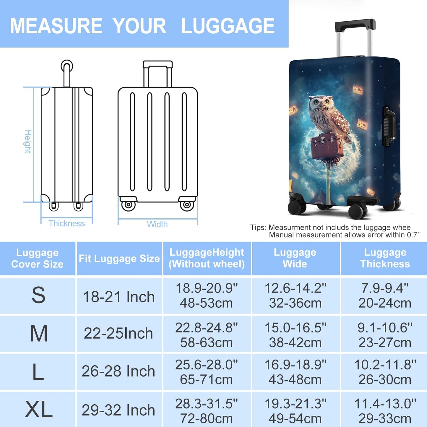 Owl Luggage Cover Washable Suitcase Protector Anti-Scratch,Stretchable Fit for 20-34Inch Luggage Durable Travel Bag Cover with Zipper Closure L(28-30inch suitcase)
