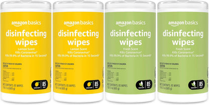 Amazon Basics Wipes, Lemon & Fresh Scent, Sanitizes/Cleans/Deodorizes, 340 Count (4 Packs of 85)