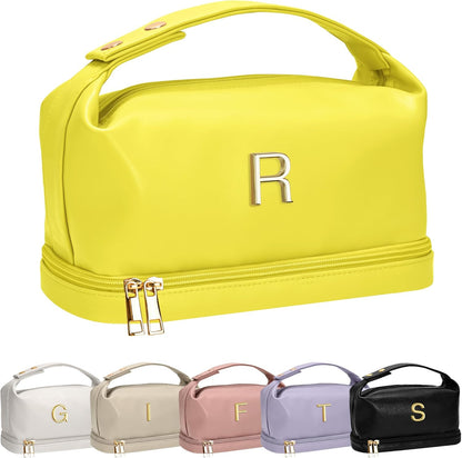 Gifts for Women 40s, Personalized Makeup Bag with Handle, Initial Double Layer Cosmetic Bag with Makeup Brush Organizer, Cute Cosmetic Pouch for Women, Gifts for Friends Female Mom