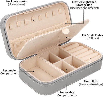 DesignSter Travel Jewelry Box, PU Leather Portable Jewelry Case, Small Jewelry Boxes for Gifts, Travel Jewelry Organizer for Women Rings Earrings Necklaces Bracelets (Gray)
