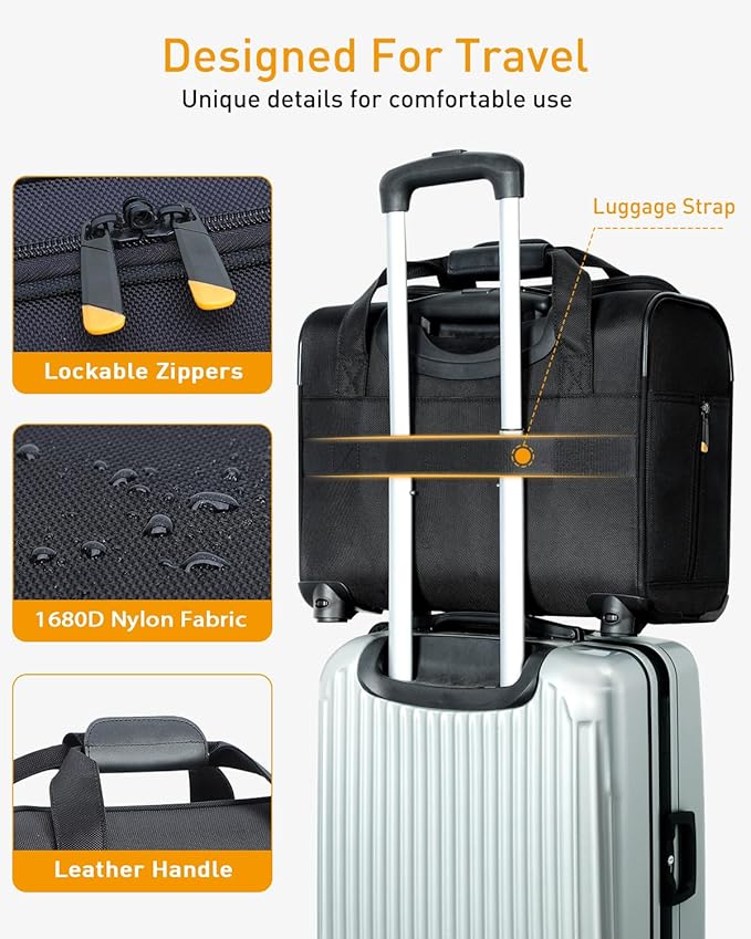 Rolling Laptop Bag - Rolling Briefcase with 4 Spinner Wheels, 15.6 Inch 1680D Nylon Water Resistant Computer Bag for Men and Women Work Travel, Black (Black, 15.6in)