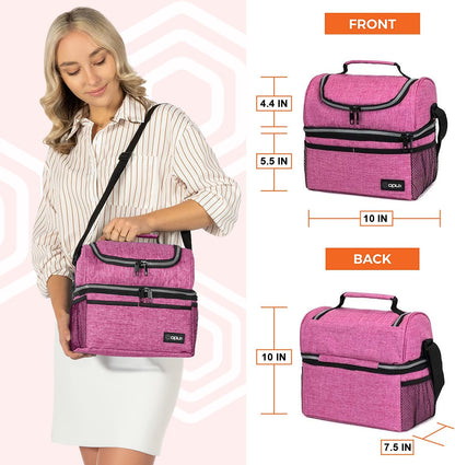 OPUX Lunch Box For Women, Insulated Large Lunch Bag Adult Work, Double Decker Lunchbox Meal Prep, Dual Compartment Leakproof Lunch Cooler, Soft Lunch Pail Tote for Girls, Kids, School (Pink, 16 Cans)
