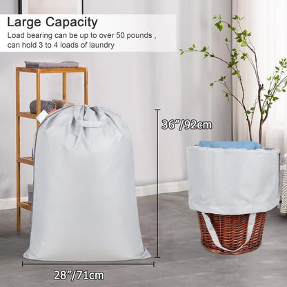 Polecasa Heavy Duty Large Laundry Bag with 130gsm Tear Resistant Fabric and Handles, Easy to Carry Durable Dirty Clothes Drawstring Bag, Perfect for College Dorm, Travel, 2 Pack 28”x36”, Silver