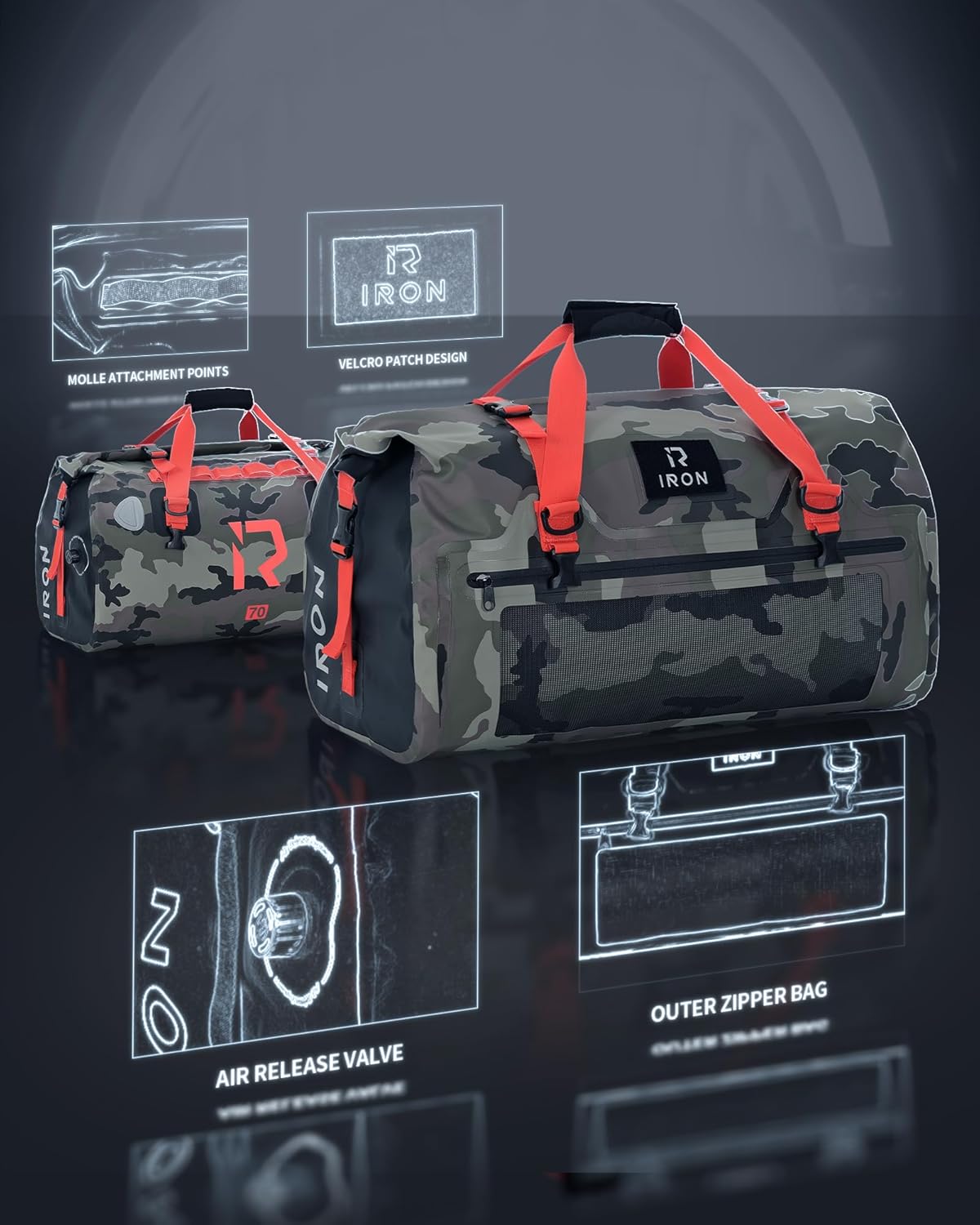BORLENI Waterproof Motorcycle Dry Duffel Bag Luggage Tail Bag with Large Storage Space,Roll Top Closure, Shoulder Straps, Inner Pocket and Mesh Pocket for Motorcycling Travel Camping(Camouflage,70L)