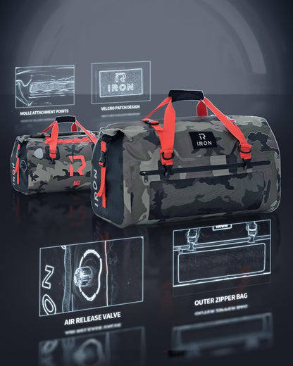 BORLENI Waterproof Motorcycle Dry Duffel Bag Luggage Tail Bag with Large Storage Space,Roll Top Closure, Shoulder Straps, Inner Pocket and Mesh Pocket for Motorcycling Travel Camping(Camouflage,70L)