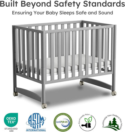 EvoNook 6-in-1 Convertible Mini Crib, 100% New Zealand Solid Wood, 4 Adjustable Mattress Heights, Crib with Mattress, Grey