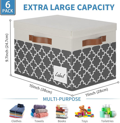 GhvyenntteS Large Fabric Storage Bins with Lids (6 Pack), Foldable Decorative Storage Boxes with Lids and 3 Handles, Sturdy Storage Baskets with Label Window for Home Office (White&Lattice Grey)