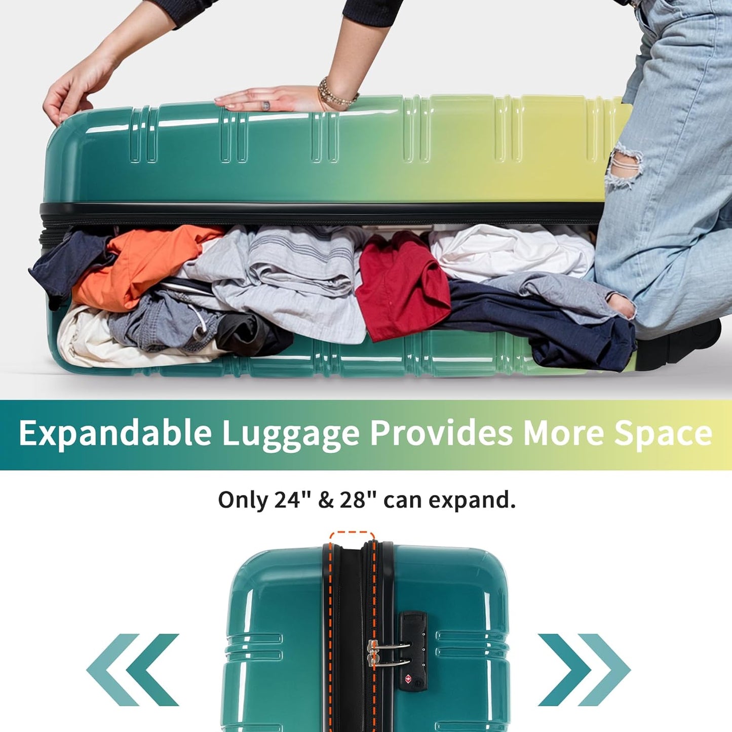 Merax Luggage Sets 3 Piece, Hardside Expandable Suitcase Set with Spinner Wheels, Lightweight Gradient Color Luggage 20+24+28 IN,Green+Yellow