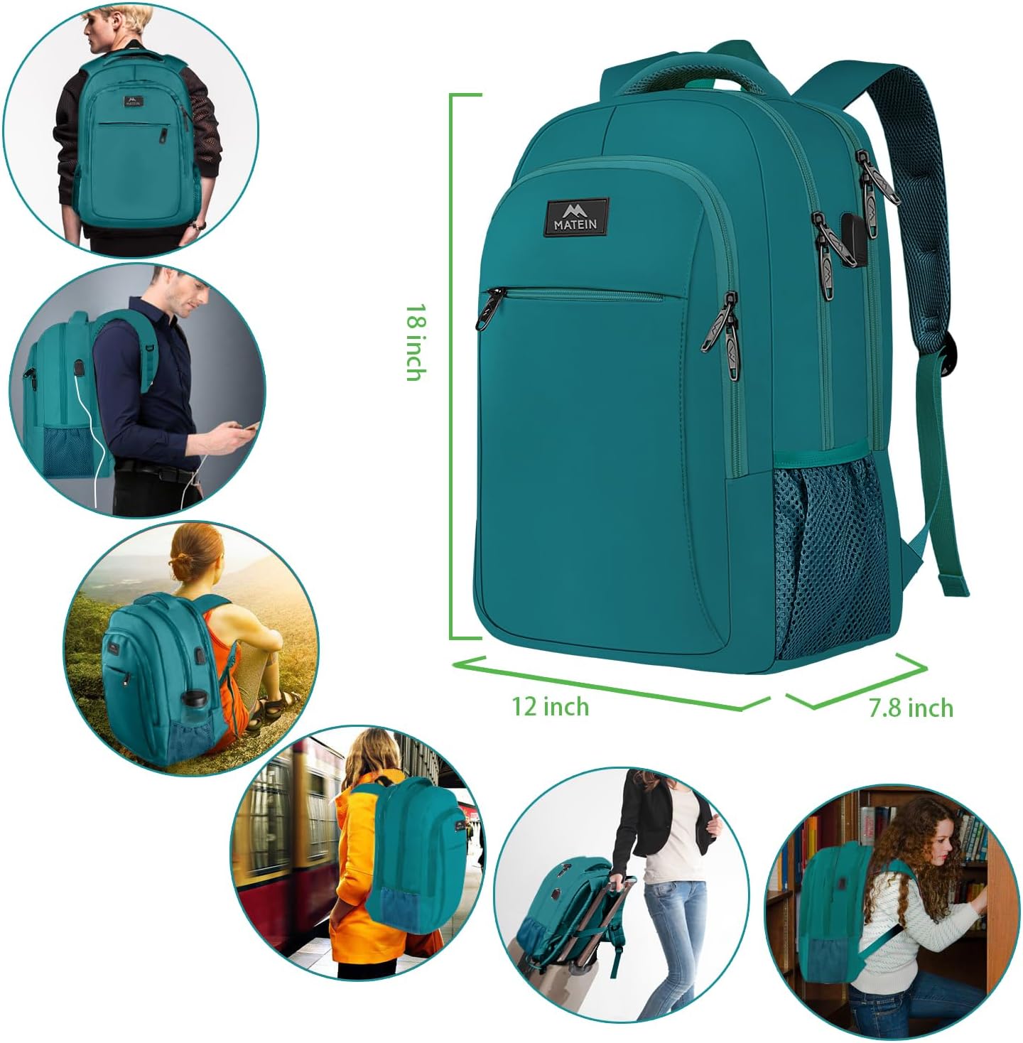 MATEIN Slim Laptop Backpack, Anti Theft 15.6 inch Computer Travel Backpack with USB Charging Port for Work College, Sturdy Water Resistant Daily Rucksack Bag Gifts for Men & Women, Peacock Blue