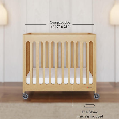 Foundations Boutique Folding Hotel Crib and Sheet Bundle - Includes Wooden Mini Crib with 3" Foam Mattress (Natural) and 6-Pack White Fitted Compact Sheets