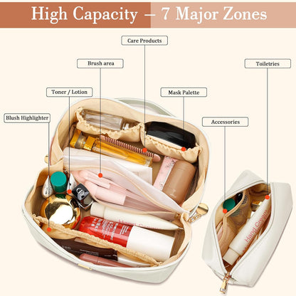 Birthday Gifts for Women Teen Girl, Personalized Initial Makeup Organizer Bag Set, Open Flat Travel Cosmetic Bag With Clear Divider and Handle(Beige,E)