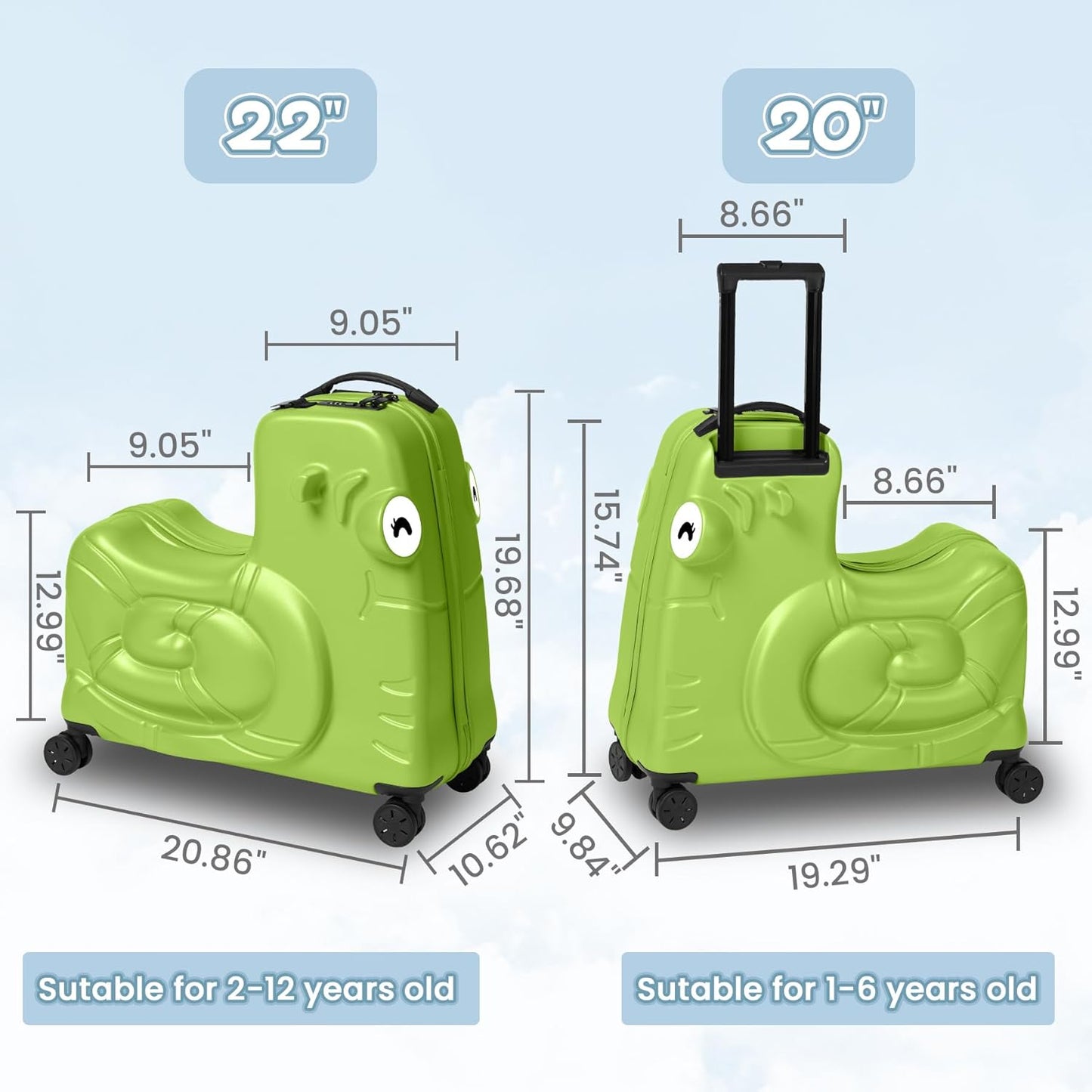 Kids Ride-on Luggage with Spinner Wheels Suitcase, Kid's Ride-On Suitcase Help Your Child Relax, Carry On Trolley Luggage with Password Lock (Green, 22 inches)