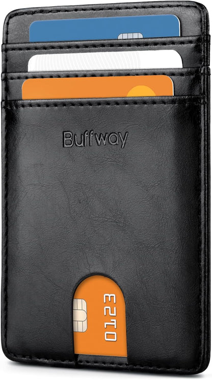 Buffway Mens Slim Wallet, Minimalist Thin Front Pocket Leather Credit Card Holder with RFID Blocking for Work Travel