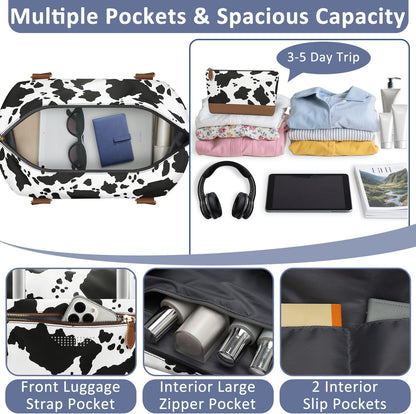 Travel Duffle Bag for Women, Weekender Bags, Hospital Bag for Labor Delivery, Lightweight Tote Duffel Overnight Bag with Luggage Sleeve, Airplane Travel Bags with Toiletry Bag, Large, Cow