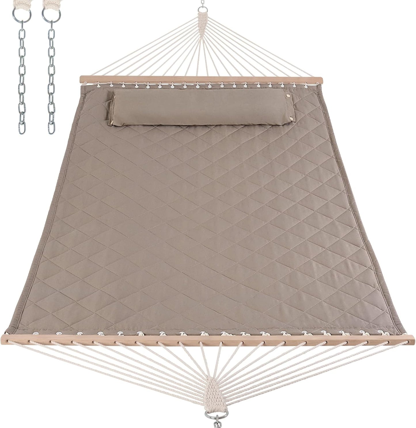 ANOW Double Hammock with Spreader Bars and Detachable Pillow, 2 Person Hammock for Outside, 450 LBS Weight Capacity, Light Brown