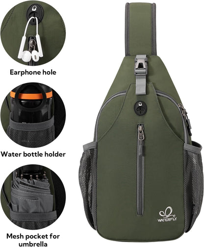 WATERFLY Crossbody Sling Backpack Sling Bag Travel Hiking Chest Bags Daypack (Dark Green)