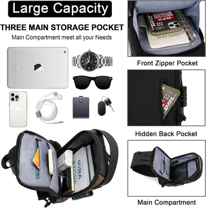 Sling Bag for Men Anti-theft USB Crossbody Shoulder Backpack Purse Waterproof PU Leather Chest Bag Travel Daily Use