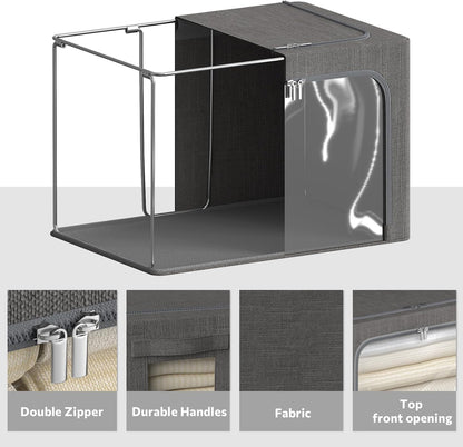 4 Pack Clothes Storage Bins with Metal Frame - Linen Fabric Foldable Stackable Container Organizer Set with Clear Window & Carry Handles & Zippers (Dark Gray, 15.7"x11.8"x7.8")