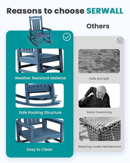 SERWALL Outdoor Rocking Chair, HDPE Patio Rocking Chair All-Weather Porch Rocker for Balcony, Yard, Blue