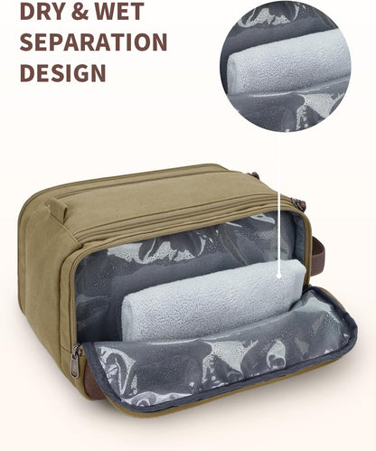 WANDF Toiletry Bag for Men Travel Toiletry Organizer Canvas and Leather Dopp Kit Water-Resistant Shaving Bag for Travel Accessories (Classic Khaki, Large)