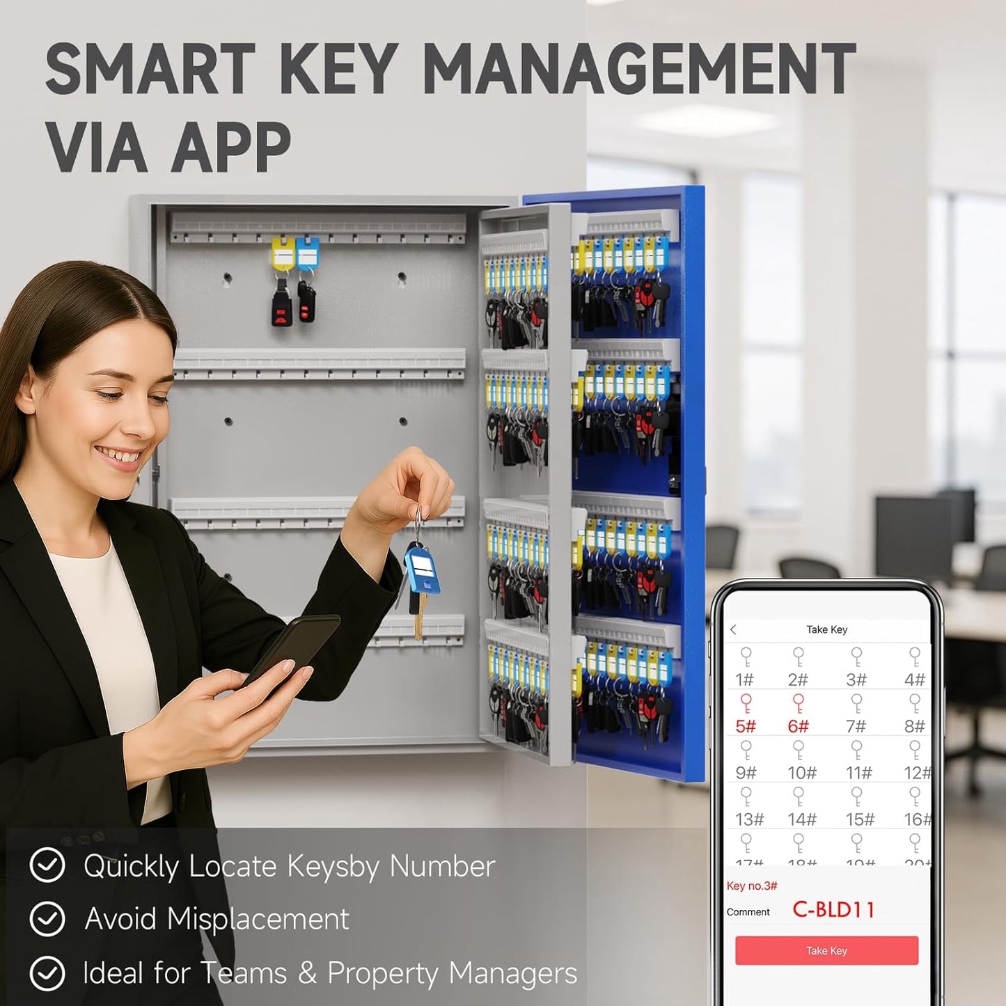 WeHere 192 Key Lock Box Wall Mount, APP Bluetooth/One Time Password/Wi-Fi Remote/Fixed Code/Key Unlock, Smart Key Cabinet, Key Organizer Box for Car Dealert, Hotel, Office, Real Estate Key Manage