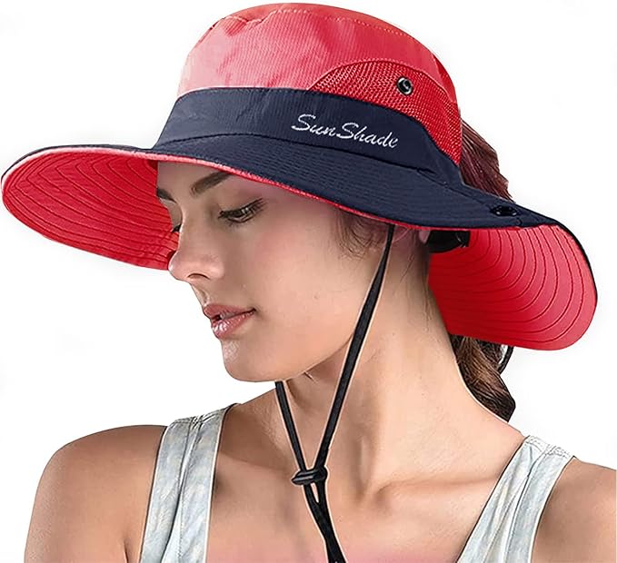 ZOORON Women's Ponytail Safari Sun Hat,Wide Brim UV Protection Outdoor Bucket Hat,Foldable Beach Summer Fishing Hat