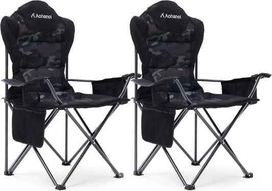 Camping Chairs, Outdoor Folding Chairs 2 Pack for Heavy People, Folding Chairs for Outside, Camp Chairs with Cup Holder & Cooler Bag, Supports up to 300lbs (2 Pcs, Camo)