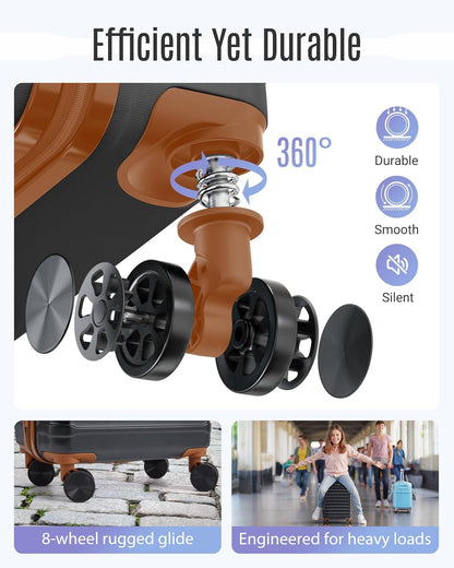LIGHT FLIGHT Luggage Sets, 3 Piece Durable Suitcase Set with Spinner Wheels, 3 Pcs Hardside Lightweight luggage with TSA Lock, Large Checked Travel Suitcases, 20/24/28 Inch,Black/Brown