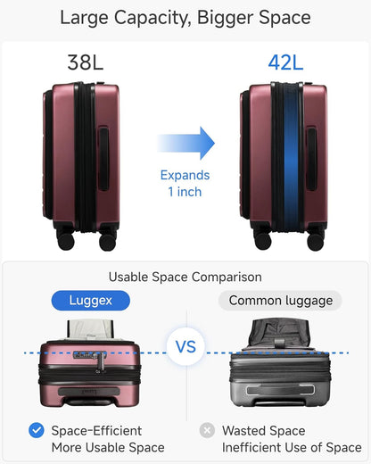 LUGGEX Carry On Luggage 22x14x9 Airline Approved, FLO5 Expandable Polycarbonate Suitcase with Front Pocket (FX-Core, Cheery, 20 Inch)