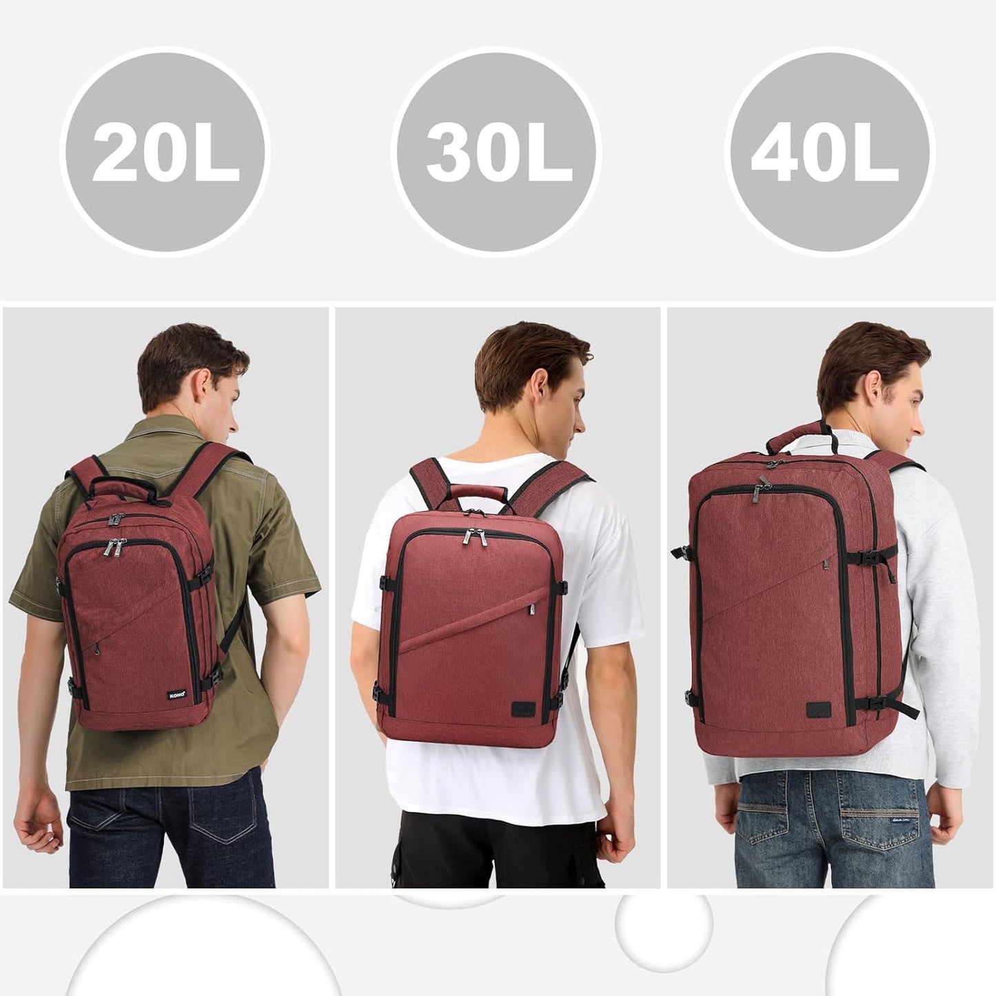 Kono Carry on Backpack, 22" Airplane Approved Travel Backpack for Men and Women, Waterproof Lightweight Daypack for Flight 40L (Burgundy Red, Large)