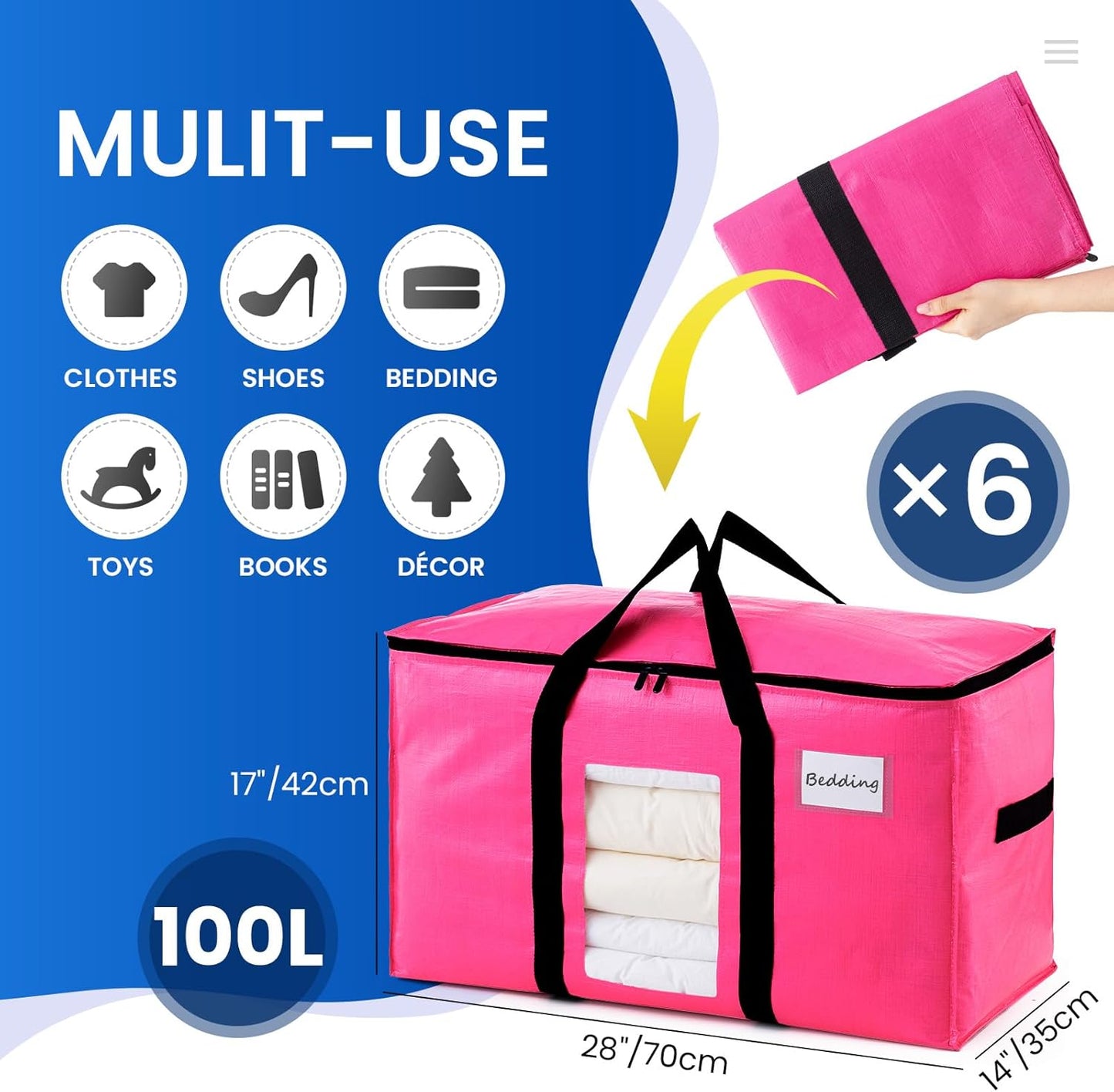 TAILI 6 Pack Pink Extra Large Moving Bags, Heavy Duty Totes with Visible Window, Wrap Around Handles, Space-Saving Storage Solution, Alternative to Moving Boxes