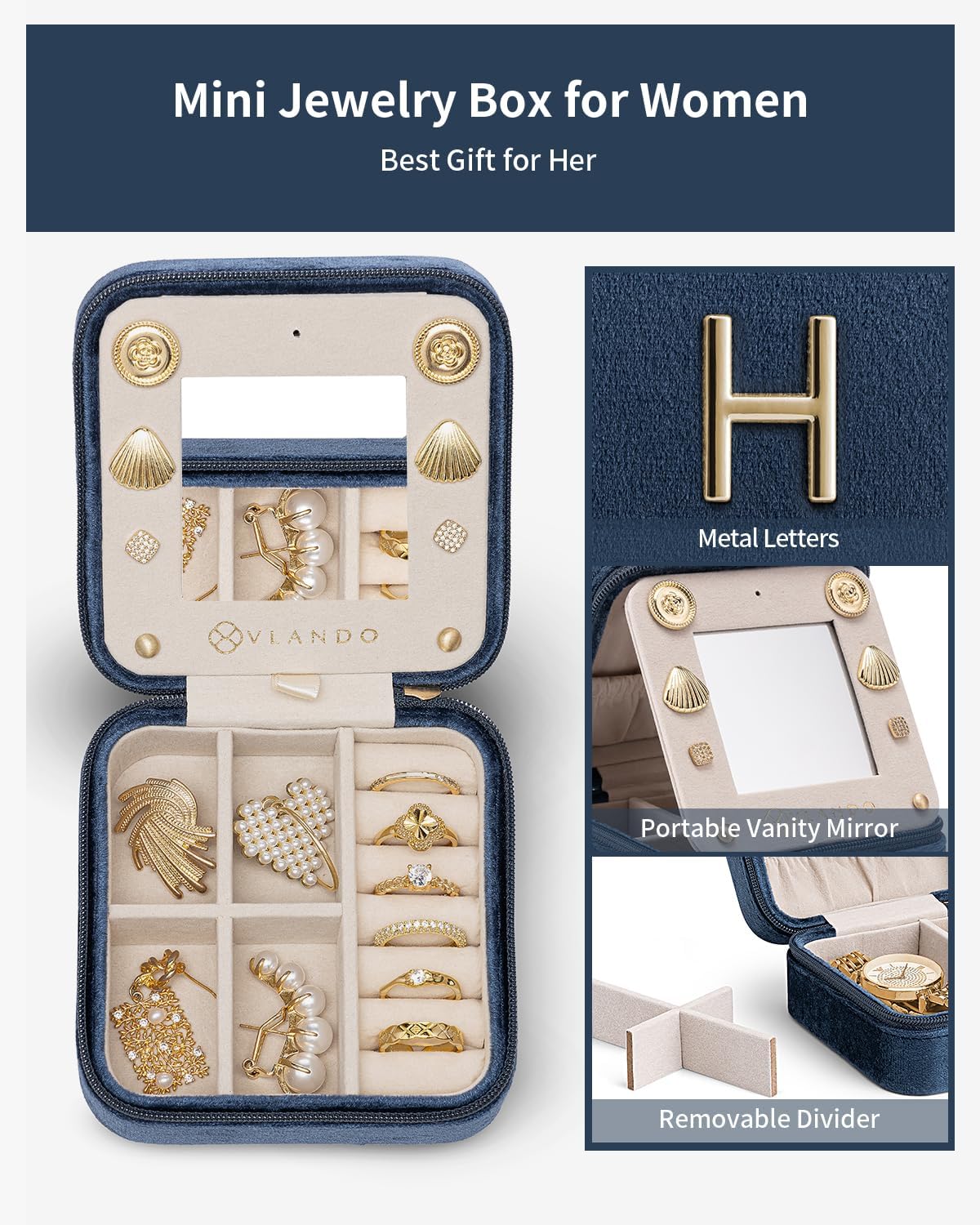 Vlando Jewelry Case for Girls Womens Fashion, Pink Jewelry Box Travel Must Haves, Jewelry Box for Girls, Small Travel Jewelry Case Birthday Gifts for Travel Gifts for Women - Letter H, Dark Blue
