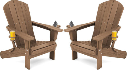 SERWALL Adirondack Chair with Cup Holders - Composite Adirondack Chairs Set of 2 HDPE Outdoor Chairs All Weather Use- Brown