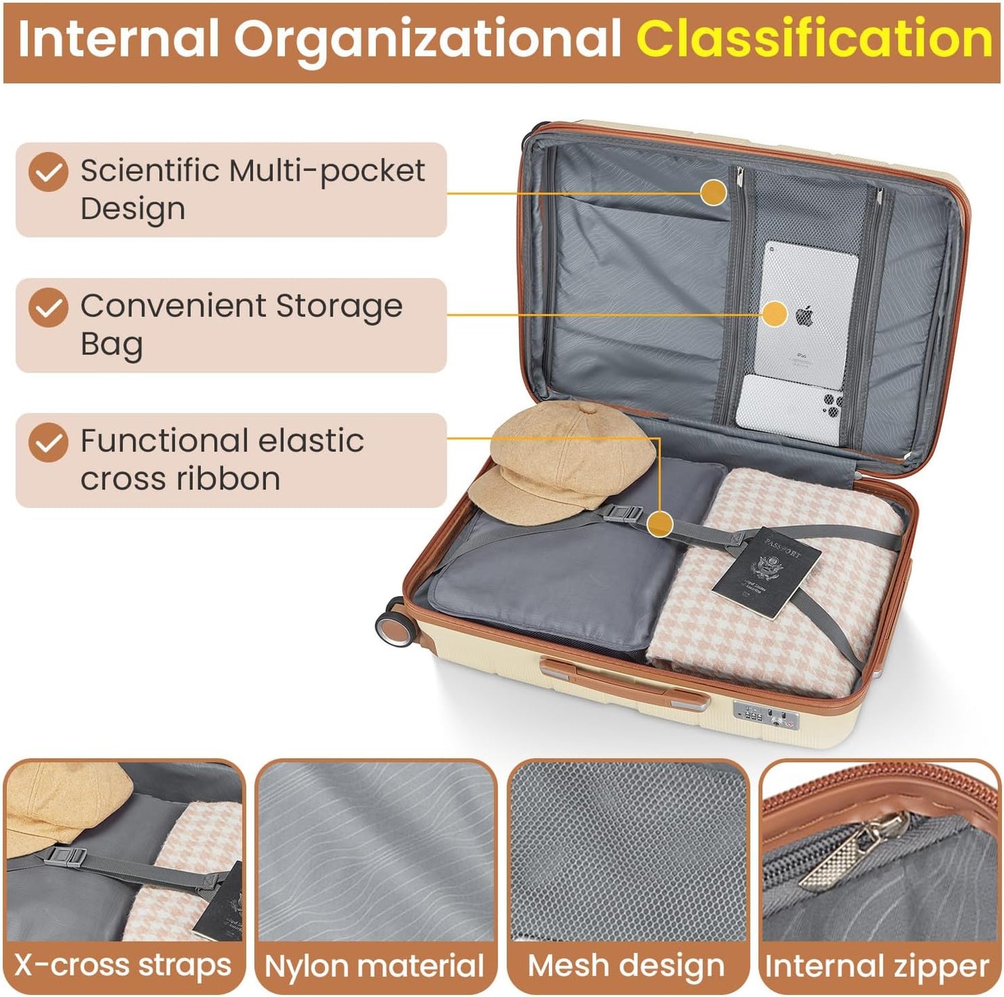 Campfun Luggage Sets 4 Piece, Expandable Carry On Luggage Set Hardshell PP, Suitcase Set with Double Spinner Wheels, Checked Durable Lightweight with TSA Lock, 14/20/24/28in, Khaki Brown(A)