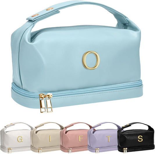 Gifts for Women - 30th 40th 50th 60th 70th Birthday Gifts, Personalized Makeup Bag with Handle, Initial Double Layer Cosmetic Bag with Makeup Brush Organizer, Gifts for Friends Female