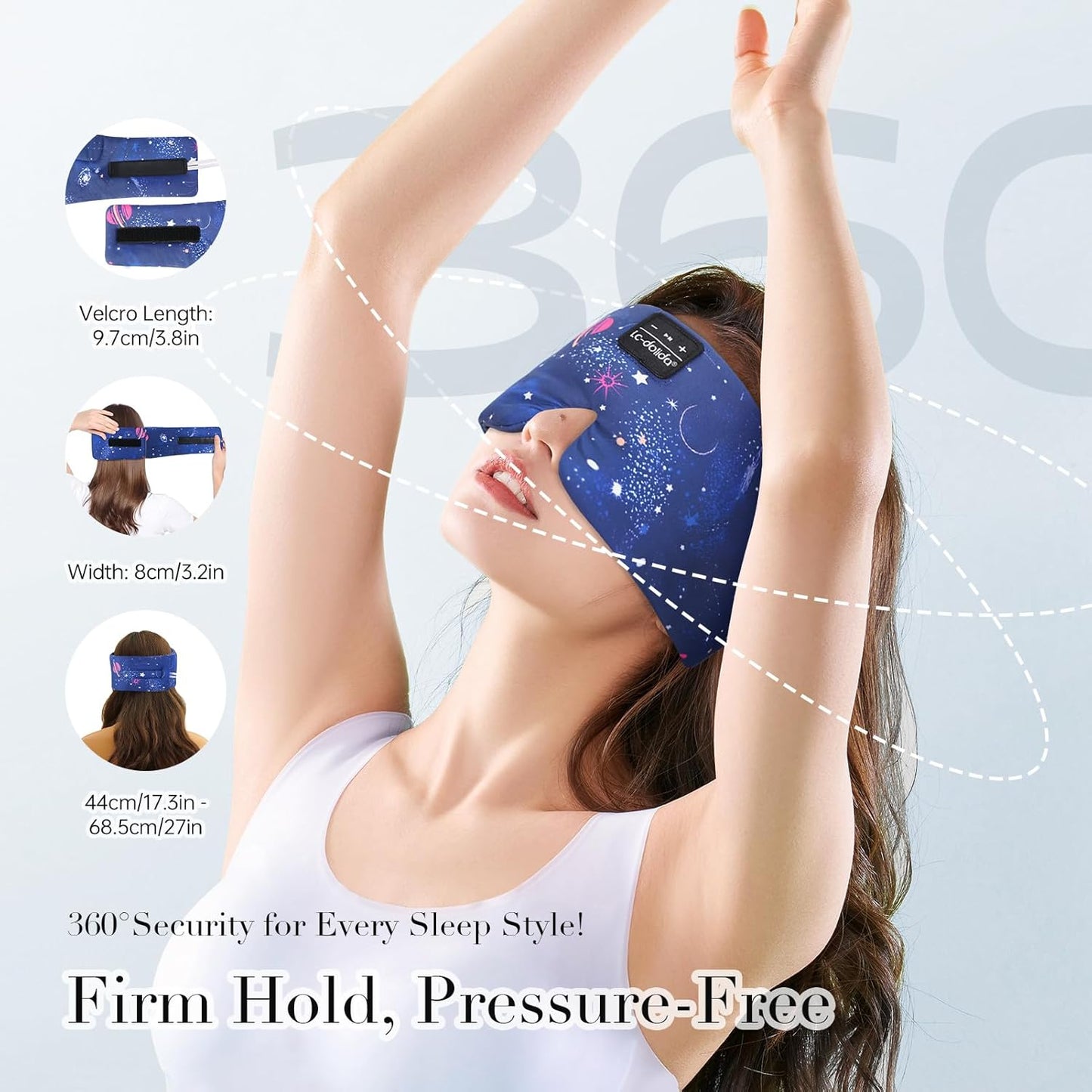 LC-dolida Sleep Mask with Bluetooth Headphones, Extra Large Silk Eye Mask for Sleeping Side Day Sleepers, Sleep Headphones Bluetooth 5.4 for Women Men with Thin Speaker, Blackout, Comfort, Microphone