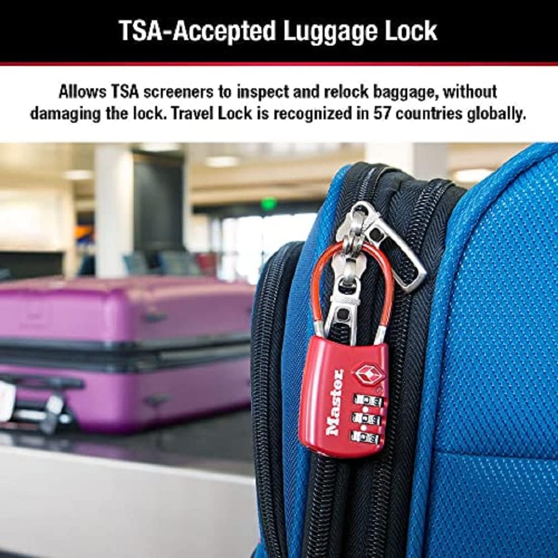 Master Lock Padlock, Set Your Own Combination TSA Locks for Luggage, Travel Zipper Lock with Cable Shackle is 1-3/16 in. Wide, Colors May Vary, 4688T, 2 Count (Pack of 1)
