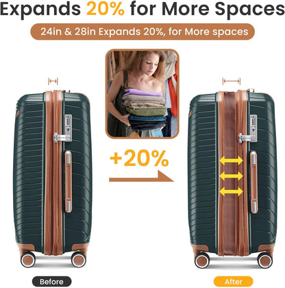 Campfun Luggage Sets 4 Piece, Expandable Carry On Luggage Set Hardshell PP, Suitcase Set with Double Spinner Wheels, Checked Durable Lightweight with TSA Lock, 14/20/24/28in, Dark Green Brown(B)