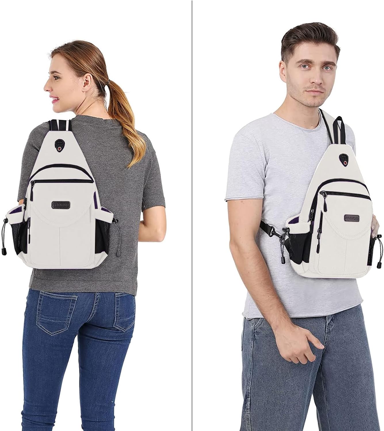 MOSISO Sling Backpack,Canvas Crossbody Hiking Daypack Bag with Anti-theft Pocket, Pearl White