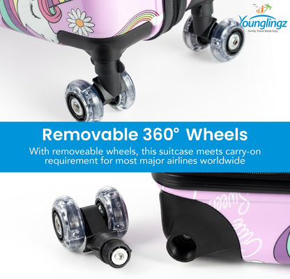 Younglingz LIL FLYER GO Version 2 Ride On Suitcase for Kids | Carry On Luggage with Toddler Seat, Foldable Handlebars, Pedals, and Removable Wheels | Holds up to 80 lbs | Glam | Ages 2-6