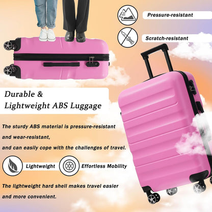 Merax Luggage Set 6 Piece, Hardshell ABS Suitcases with 8 Silent Spinner Wheels, Durable and Lightweight Travel Luggage for Family Trips, Pink