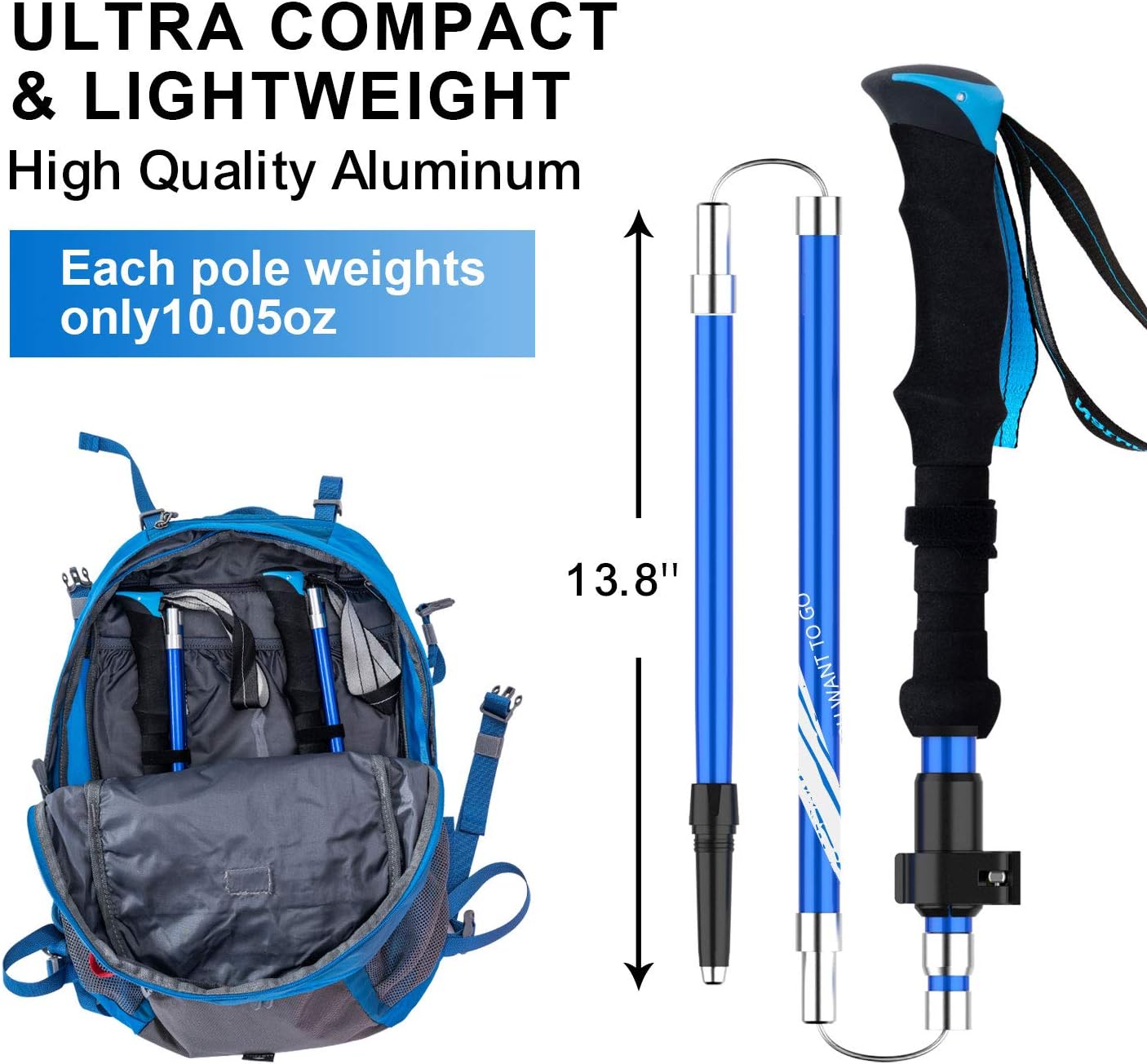 BISINNA Collapsible Trekking Hiking Poles- 2 Pack Folding Aluminum Walking Sticks with Quick Lock System 4 Season Accessories,Telescopic, Adjustable, Lightweight for Men Women