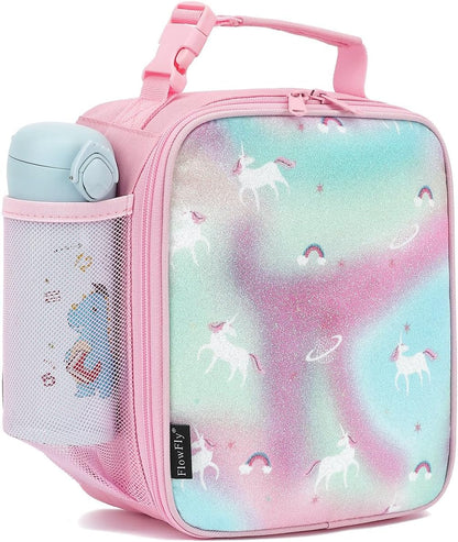 FlowFly Kids Lunch box Insulated Soft Bag Mini Cooler Back to School Thermal Meal Tote Kit for Girls, Boys, Glitter-Unicorn