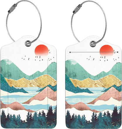 2 Pcs Luggage Tags for Suitcases, PU Leather Cruise Ship Luggage Tags with Privacy Cover Label Address Card and Durable Metal Ring Suitable for Men Women Handbags Backpacks Schoolbag,Golden Mountains