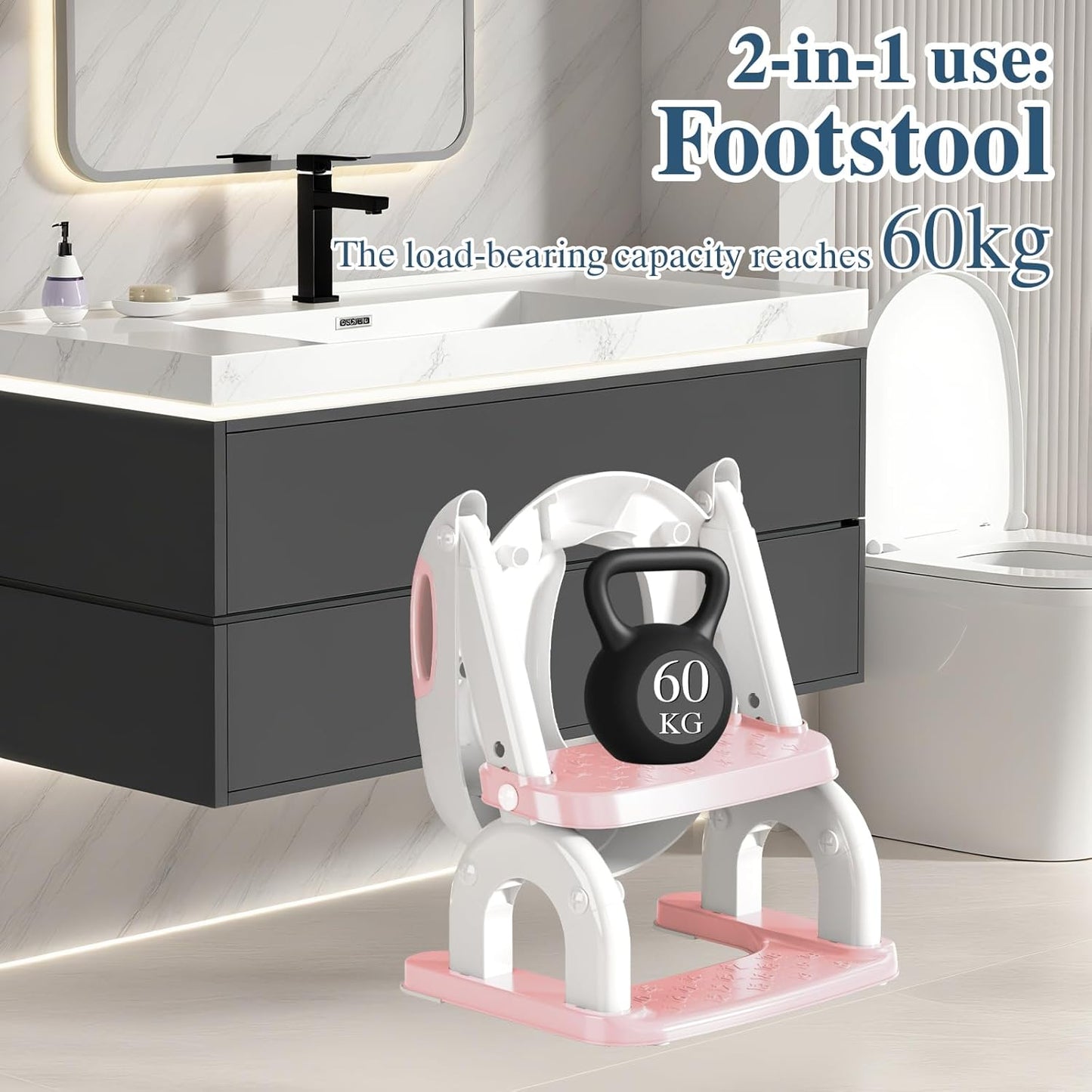 Potty Training Seat for Toddlers, Adjustable Height 2-in-1 Potty Training Toilet Ladder for Kids Boys Girls with Splash Guard, Waterproof Cushion, Anti-Slip Pad Step Stoo - Pink