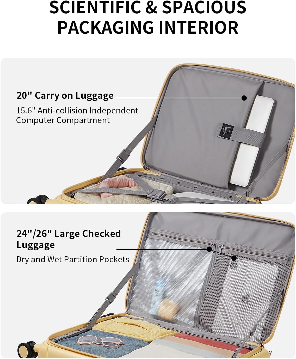 aji Expandable Top Opening 26 Inch Checked Luggage with Spinner Wheels, Large Suitcase with TSA Lock, Hard Shell Travel luggage Suitcases for Men Women, for 20+Days Travel, Cheese Yellow